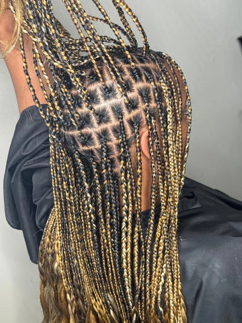 Long knotless box braids in a brown-to-honey-blonde ombre, shown from the back with clean square box partings