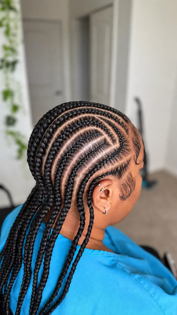 Curved lemonade-style feed-in cornrows swept diagonally to one side with even partings and freshly laid edges