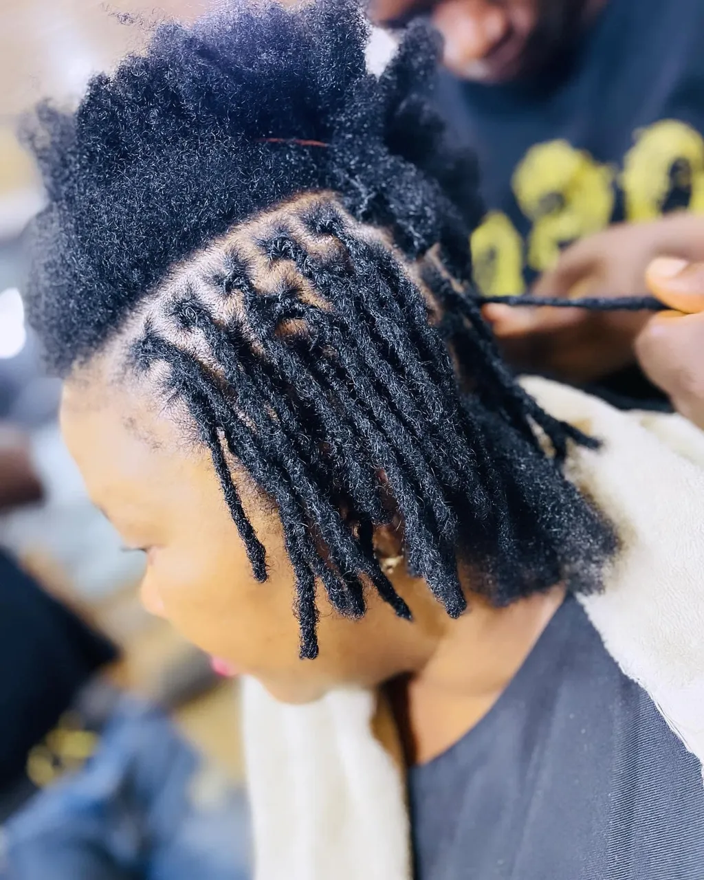 Short uniform black starter locs, neatly grid-sectioned at the crown, being palm-rolled in a side-profile process shot